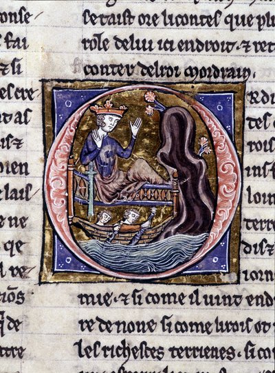 Kung Modreius. Manuskript: Erövringen av Saint Gréal, skrivet 717 år efter vår herres passion. Bibliotheque Municipale de Rennes, ms. 255 (Samling av romaner av det runda bordet); Paris av Unknown artist