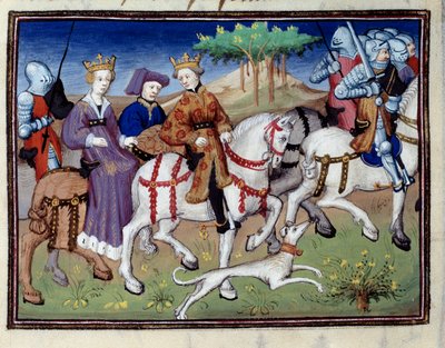 Kung Filip VI av Valois och den vita drottningen av Navarra (?) Startar för jakt Miniatyr hämtad från "" Jaktens bok""" av Gaston III Phoebus, greve av Foix, Lord of Bearn (1331-1391) av Unknown artist