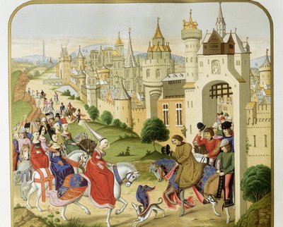 "" Kung av Frankrike Charles IV fick besök av sin syster, drottningen av England Isabella av Frankrike (1292-1358), fru till Edward II, som kom för att ta sin tillflykt "" Enligt krönikorna av Jean Froissart. 1800-talets Barcelona. Sant Jordi Catalan Royal av Unknown artist