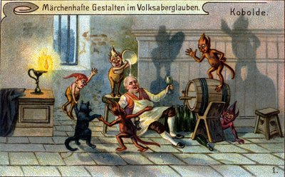Kobolds, små tomtar eller farfadets av den tyska folktraditionen. kromolitografi från 1800-talet. av Unknown artist