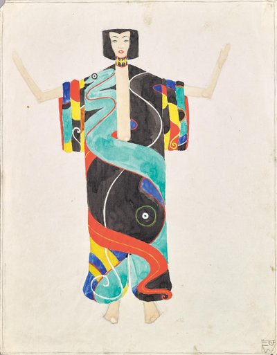 Kostymstudie i byxkimono för framförandet av Julius Bittners "Der Mantel der Liebe" i trädgårdsteatern på den internationella konstutställningen i Wien 1909 av Unknown artist