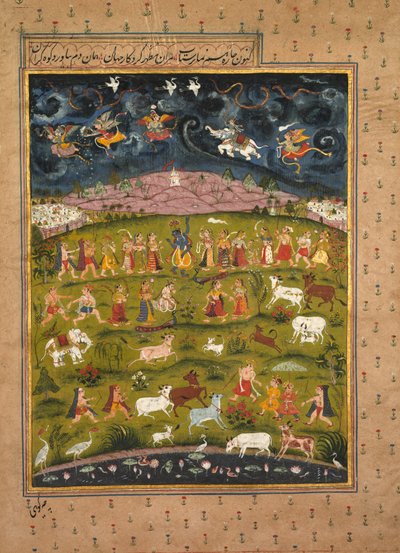 Krishna lyfter berget Govardhan, från en persisk översättning av Bhagavata Purana, ca. 1625 av Unknown artist