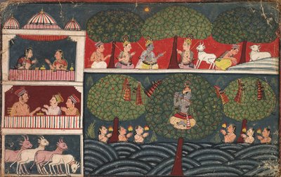 Krishna stjäl mjölkpigornas kläder och berättar om trädens dygd, från en Braj Bhagavata Purana av Unknown artist