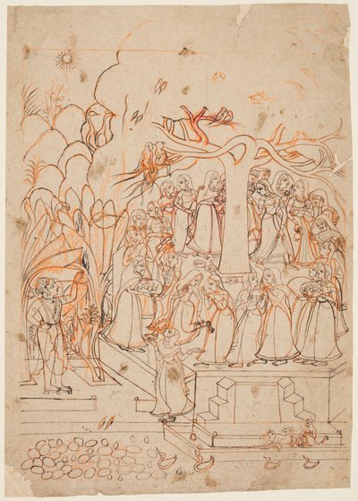 Krishna tittar på mjölkpigorna som går runt ett heligt träd: Jyesthas månad (maj–juni), från en Baramasa (de tolv månaderna) av Unknown artist