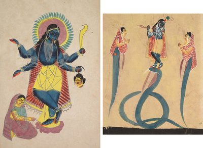 Krishna som Kali dyrkas av Radha (recta); Krishna Quells the Pervading Kaliya (Verso) av Unknown artist