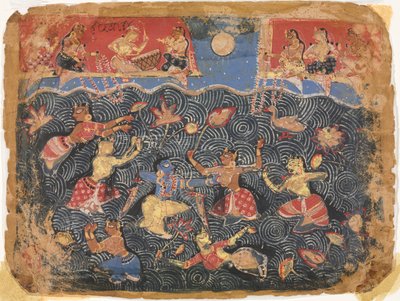 Krishna sportar med gopis i Jumnafloden, från en Bhagavata Purana av Unknown artist