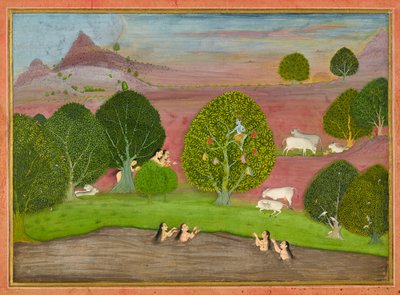 Krishna stjäl gopis kläder, folio från en <em>Bhagavata Purana</em> av Unknown artist