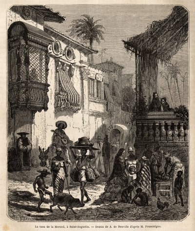 La casa de la Merced (nuvarande Mercy Street) i Saint Augustine, den äldsta staden i USA (USA), grundad av spanjorerna 1565; huvudgatan i staden, liten och folkrik, med olika djur och en unik blandning av olika amerikanska av Unknown artist