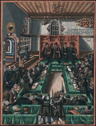 La conference religieuse de Ratisbonne en 1601 - The Regensburg Religious Colloquy of 1601, Anonymous . Kopparstick, akvarell, ca. 1605. Historisches Museum der Stadt Regensburg av Unknown artist
