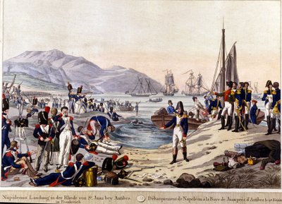 Landstigning av Napoleon I i Antibes 1815. 1800-talsgravyr. av Unknown artist