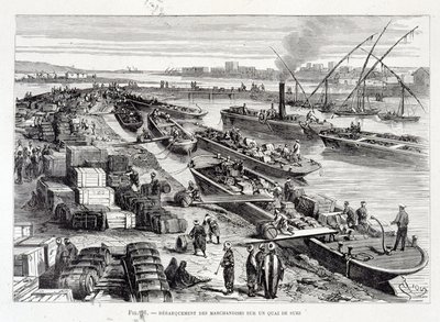 Landning av varor på en brygga i Suezkanalen av Unknown artist