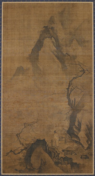 Landskap: berg och vatten; en figur under ett plommonträd av Unknown artist