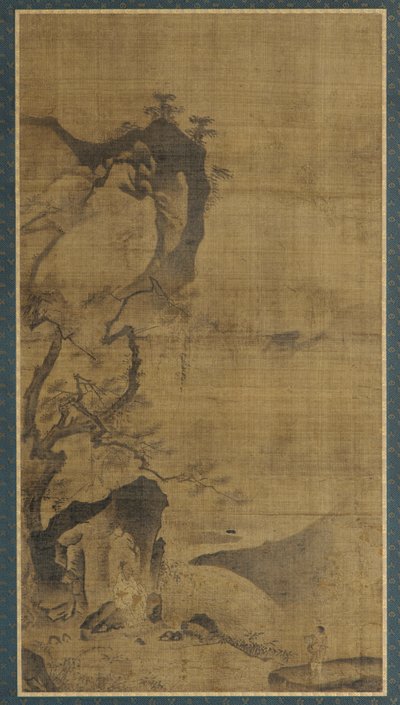 Landskap: berg och vatten; en figur under en tall av Unknown artist