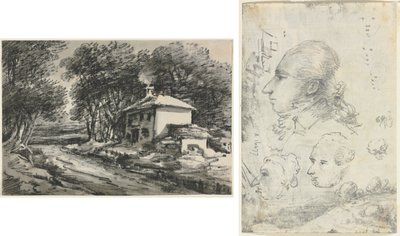 Landskap med stuga (recto); Studier av huvuden (verso) av Unknown artist