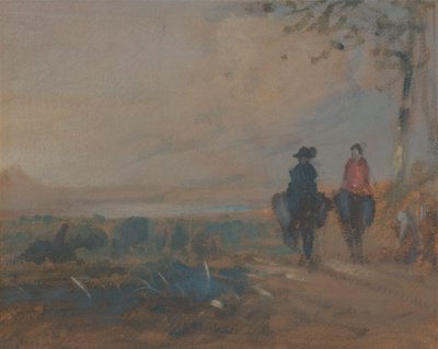 Landskap med sjö och två figurer som rider av Unknown artist
