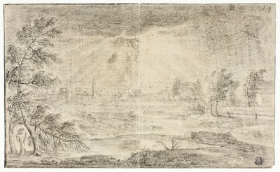 Landskap med by av Unknown artist