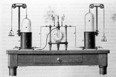 Lavoisier och Laplace apparater för bildning av vatten med hjälp av syre och vätgas som bränns i en glaskolv. Gravyr av 1800-talet. av Unknown artist