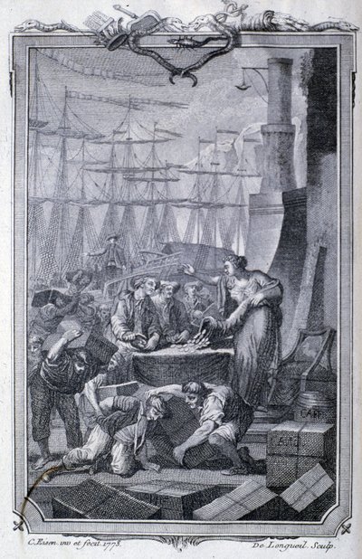 Handel med kolonierna (inklusive kaffe) - i ""Philosophy and politics of European establishments and trade with the two Indias"" av G.T. Raynal, red. Pellet, Genève av Unknown artist