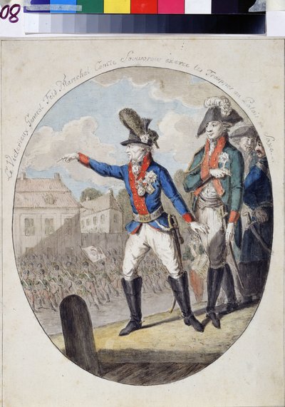 Marskalk Alexander Alexander Souwaroff (Souvaroff eller Souvarov eller Alexander Souvorov) (1729-1800) inspekterade trupper inför kurfursten av Saxon Palace, Warszawa, 1794 under Kosciuszko-upproret. (Fältmarskalk Alexandr Suvorov inspekt av Unknown artist