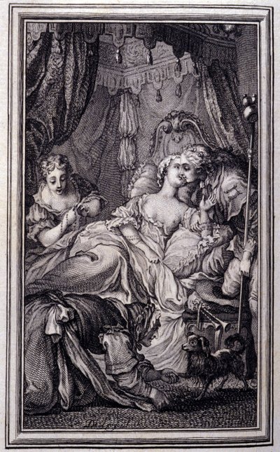 Den lilla hunden som skjuter pengar och stenar- i "Berättelser och noveller på vers" av Jean La Fontaine. 1762. av Unknown artist