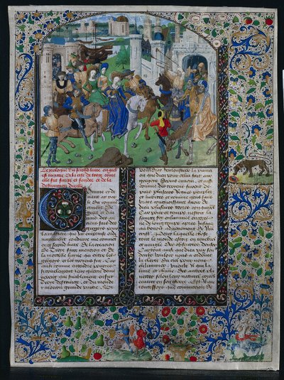 Blad från Jehan de Courcys "Chronique Universelle": Kung Priam möter Helen och Paris utanför Trojas portar av Unknown artist