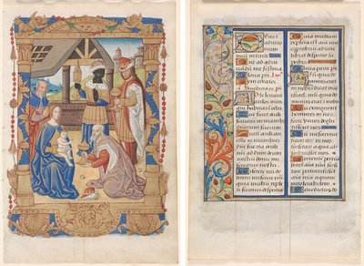 Leaf from a Book of Hours: Adoration of the Magi (recto) och text med illustrerad kant (verso) (3 av 3 utskurna löv) av Unknown artist