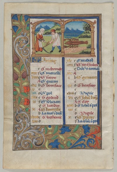 Blad från en timbok: Kalendersida för juni (verso) av Unknown artist