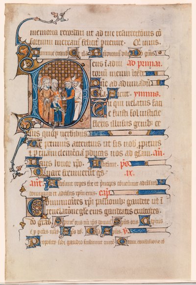 Blad från en timbok med en historisk initial D som föreställer Kristus före Pilatus av Unknown artist