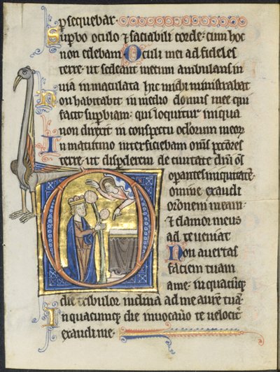 Leaf from a Psalter: Initial D: David i bön inför ett altare och Kristus i ett moln (2 av 2 utskurna löv) av Unknown artist