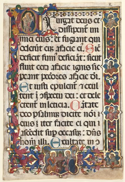 Blad från en psaltare med full kant med medaljonger (Bebådelse, SS. Jerome, Clare, Sebastian och Bernardino) och Historik initial (E): Virgin and Child av Unknown artist