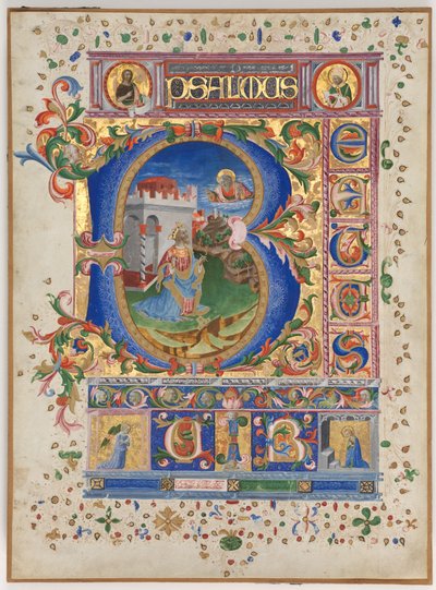 Blad från en psalter med historisk initial (B): Kung David av Unknown artist