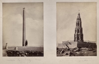 Vänster: [Ashoka-pelaren flyttades till sin nuvarande position av Feroz Shah]. Till höger: Minnesmonument över de brittiska soldaterna 1859 av Unknown artist