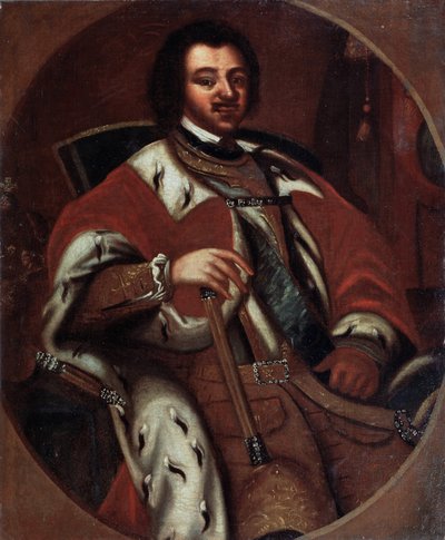 Den ryske kejsaren Peter I (den store) (1672-1725) på sin tron ​​(kejsar Peter I tronade). Anonym målning. Olja på duk, tidigt 1700-tal. Statens konstmuseum, Yaroslavi (Ryssland). av Unknown artist