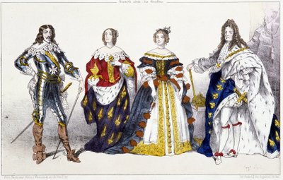 Les Bourbons: Ludvig XIII (1601-1643) och Anna av Österrike (1601-1666), Marie Therese av Österrike (eller Spanien) (1638-1683) och Ludvig XIV (1638-1715) - Plåt extraherad från kungar och drottningar av Frankrike i tryck, Paris, ed. Snabb av Unknown artist