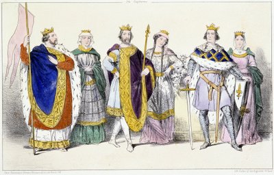 Kapetianerna: Louis VI Le Gros (1081-1137) och Adelaide av Savojen (ca 1100-1154), Louis VII Le Jeune (1120-1180) och Adele av Champagne (eller Blois) (ca 1140-1206), Philippe II dit Philippe Auguste (1165-1223) och Isabelle de Hainaut (1170-1190) - Tallri av Unknown artist