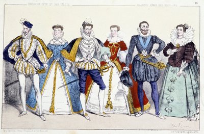 Les Valois et les Bourbons: Karl IX (1550-1574) och Elisabeth av Österrike (1554-1592), Henrik III (1551-1589) och Louise de Lorraine Vaudemont (1553-1601), Henri IV (1553-1610) och Marie de Medicis (1575-1642) - Plage extraherad från kungar och drottninga av Unknown artist