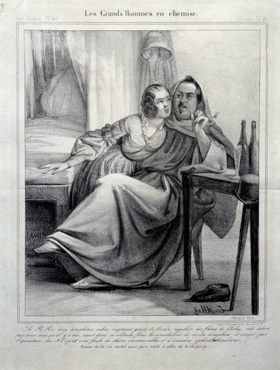 Les grands hommes en chemise Representation av författaren Honore de Balzac (1799-1850) som omsluter en ung kvinna medan hon röker en cigarett. Illustration av E. Allet (1800-talet) Paris, Maison Balzac av Unknown artist