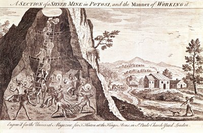 Silvergruvorna i Potosi, Bolivia. 1800-talsgravyr. av Unknown artist