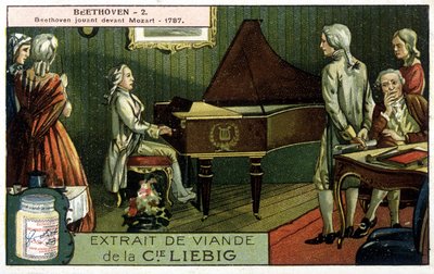 Liebig kromolitografi. Ludwig van Beethoven (1770/1827) spelar före Wolfgang Amadeus Mozart (1756/1791). Här 1787. av Unknown artist