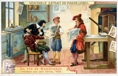 Liebig-kromolitografi om Rembrandts liv (1606 - 1669), holländsk målare. Detta är trycket på 100 gulden 1654. av Unknown artist