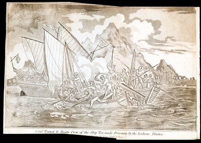 Löjtnant Turner och besättningen på fartyget Tea tillfångatagna av Ladronepiraterna (tryck) av Unknown artist