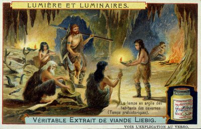 Ljus och ljusarmaturer: lerlampan för grottinvånarna under förhistorisk tid. Illustration på Liebig emballeger. av Unknown artist