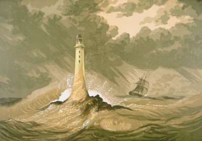 Fyr med segelfartyg av Unknown artist