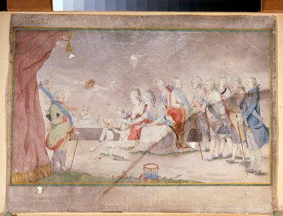 Kejsarinna Katarina II med sin familj och hovmän (kejsarinnan Katarina II med sin familj och hovmän) - Anonymt verk, akvarell och tusch på papper, sent 1780 av Unknown artist