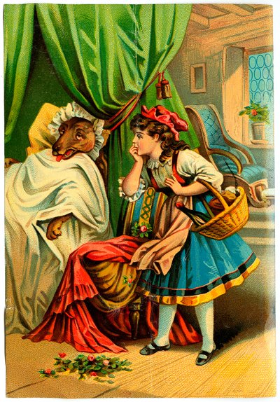 Rödluvan upptäcker vargen i sin mormors säng (Kromolitografi sent 1800-tal) av Unknown artist