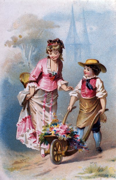Liten trädgårdsmästare: en ung pojke med en skottkärra full av blommor pratar med en ung kvinna på väg till en by. kromolitografi 1880. av Unknown artist