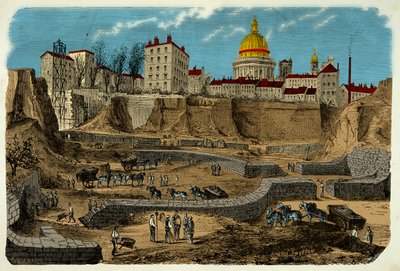 Platsen för Gallo Romain-cirkusen med anor från 200-talet f.Kr., upptäckt 1870 under borrningen av rue Monge i Paris, gravering av 1800-talet av Unknown artist