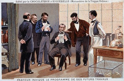 Louis Pasteur, en fransk vetenskapsman (1822-1895), angav programmet för sitt framtida arbete, omgiven av kollaboratörer - chokladreklametikett från Aiguebelle, v. 1895. av Unknown artist