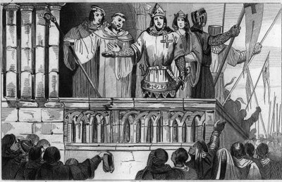 Ludvig VII (1120-80) den unga höjer stöd för det andra korståget 1144 - Ludvig VII genomför det andra korståget efter råd från Saint Bernard de Clairvaux (San Bernardo di Chiaravalle) - Gravyr 1825 i "Histoire de France representerad av synoptisk av Unknown artist