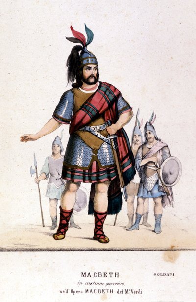 Macbeth karaktär i krigarkostym i operan med samma namn av Giuseppe Verdi (1813 - 1901) efter William Shakespeares verk. 1847. Gravyr. av Unknown artist